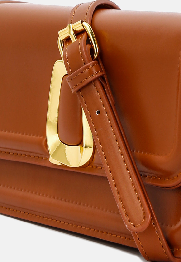 classic gold buckle flap bag#color_brown