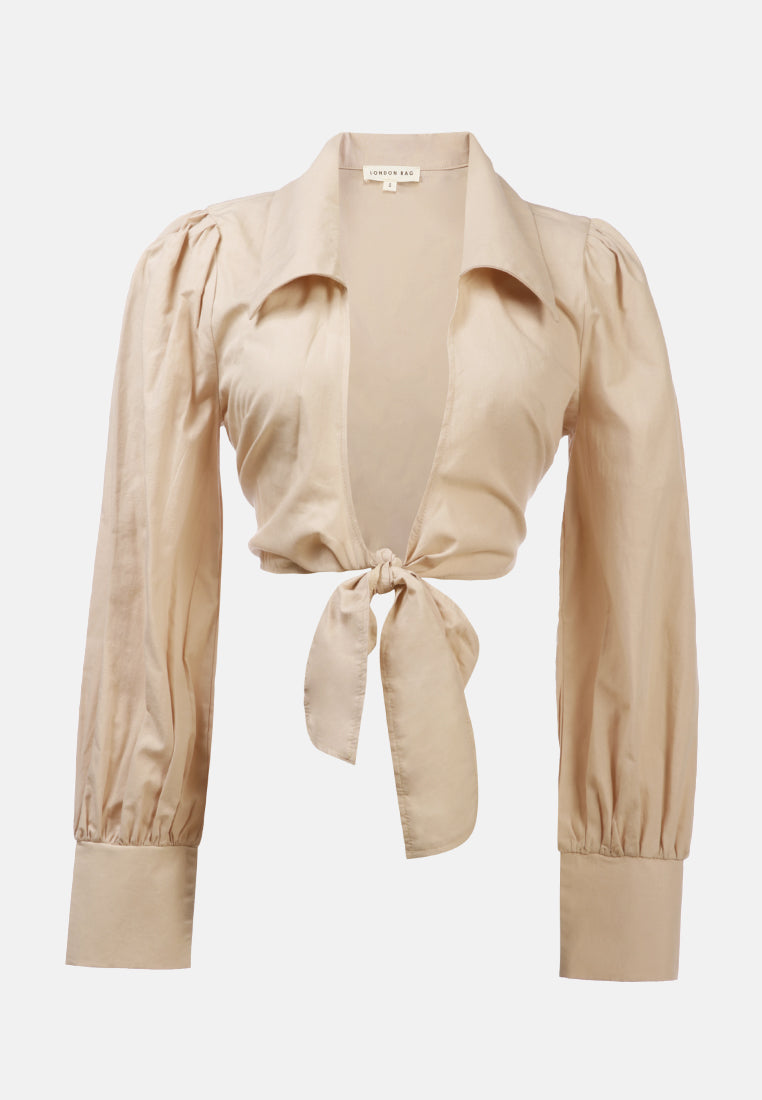 collared puff tie-up crop top#color_nude