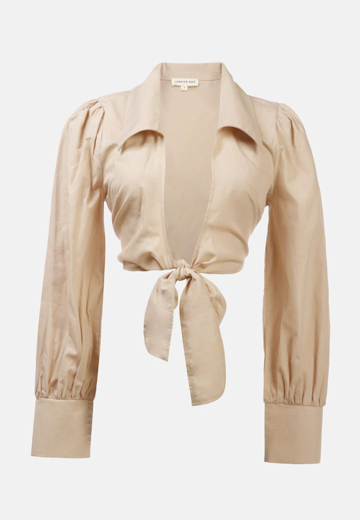 collared puff tie-up crop top#color_nude