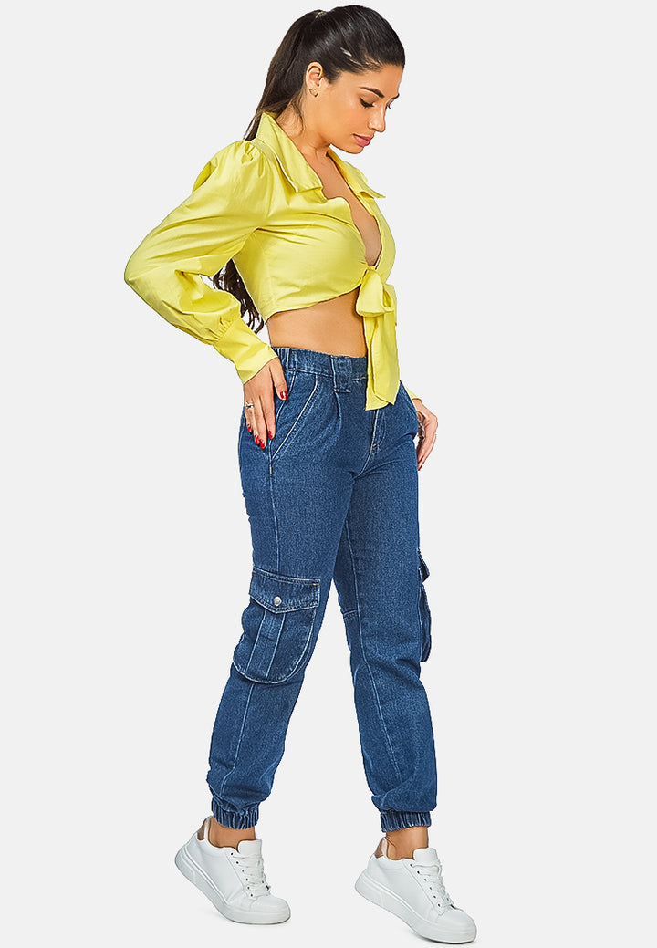 collared puff tie-up crop top#color_yellow