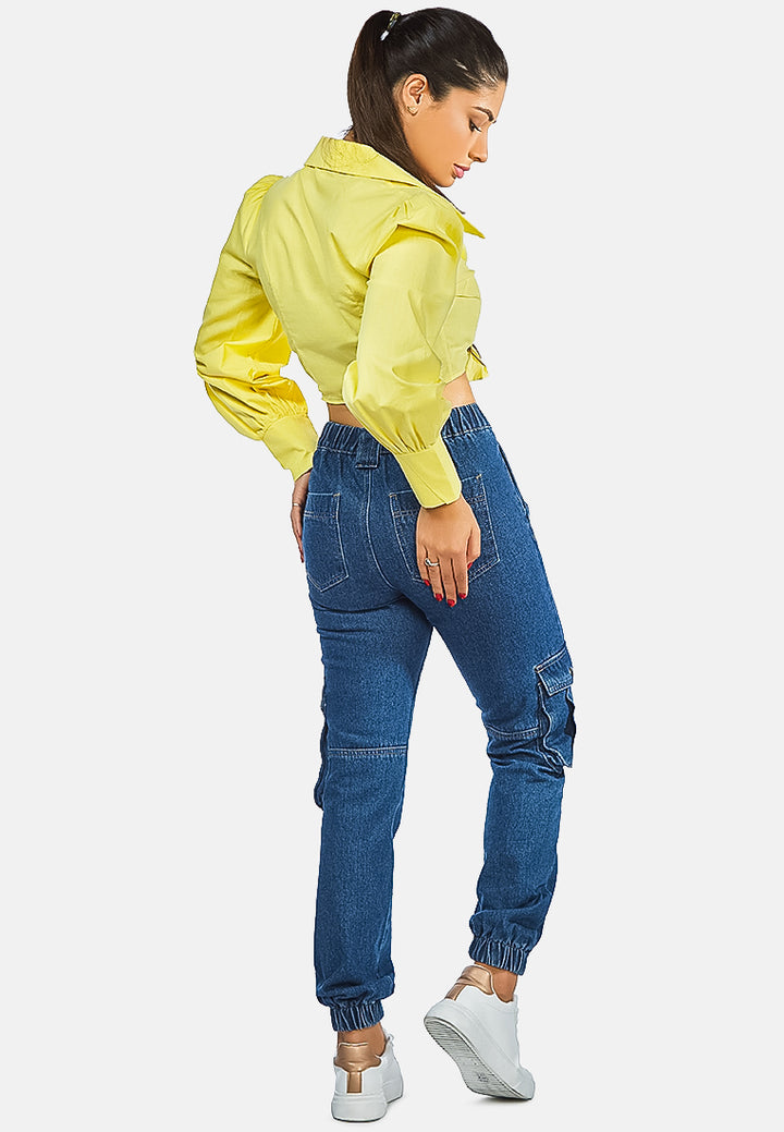 collared puff tie-up crop top#color_yellow