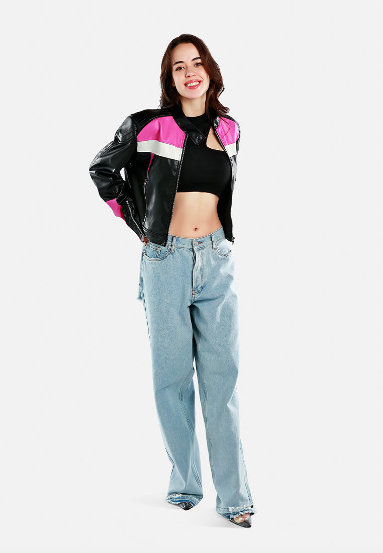 color block faux leather biker jacket by ruw#color_black-pink