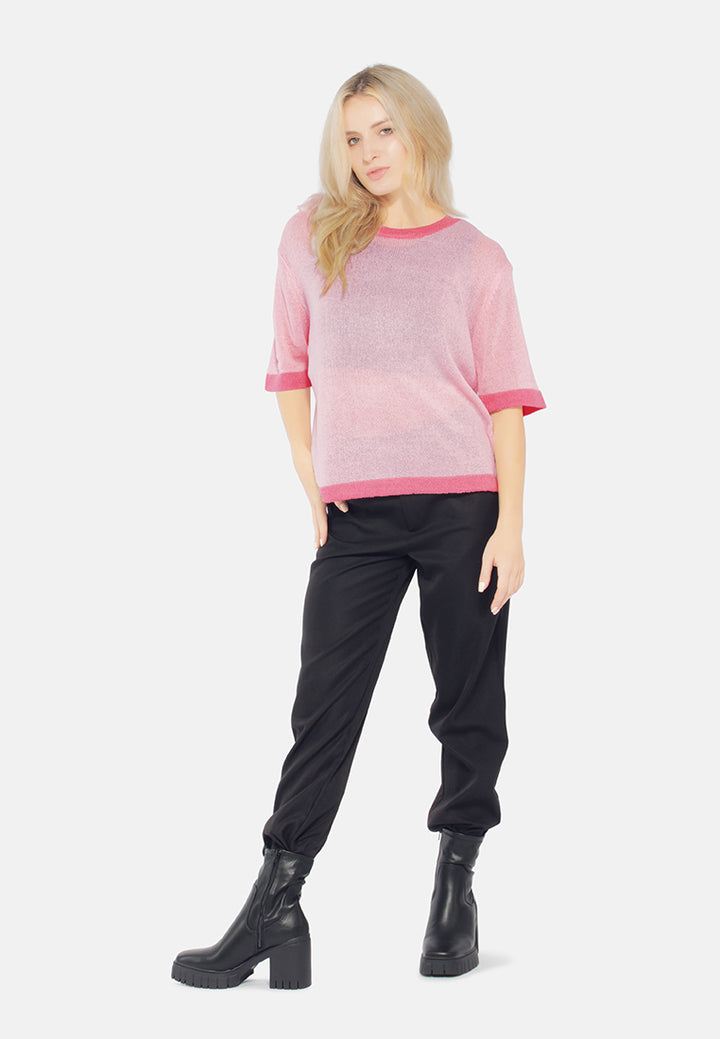 contrast neck and sleeve rib t-shirt#color_pink