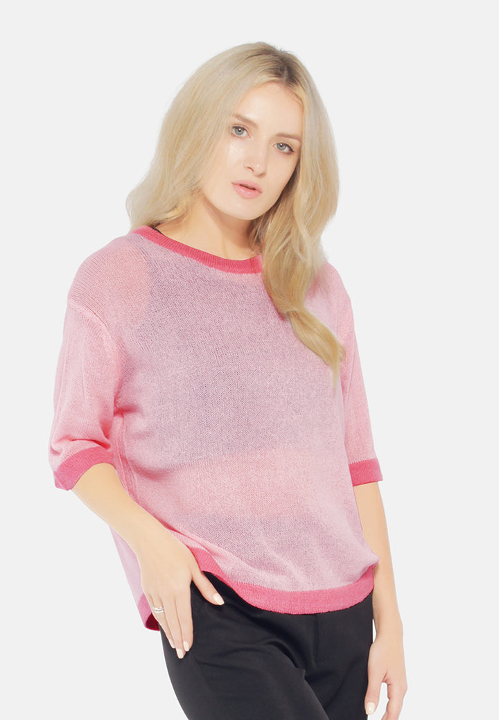 contrast neck and sleeve rib t-shirt#color_pink