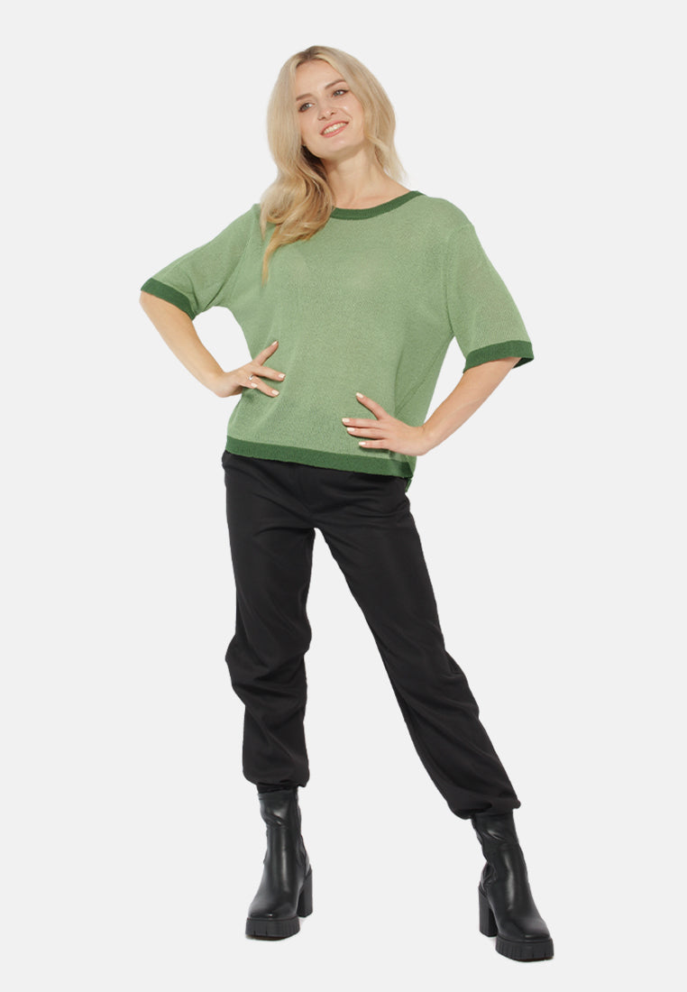 contrast neck and sleeve rib t-shirt#color_green