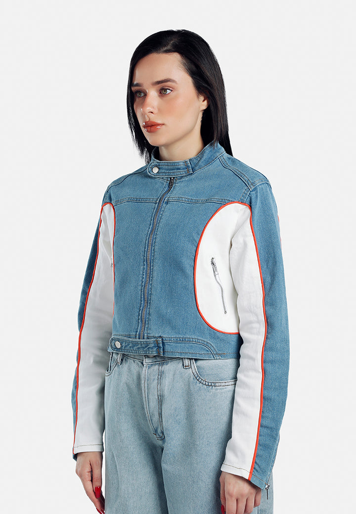 contrast panels denim jacket#color_light-blue