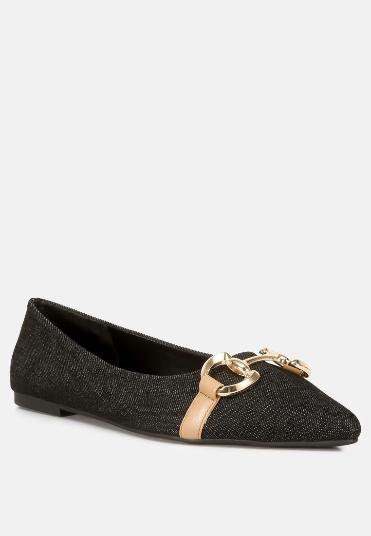 denim horsebit detail ballet flats#color_denim-black
