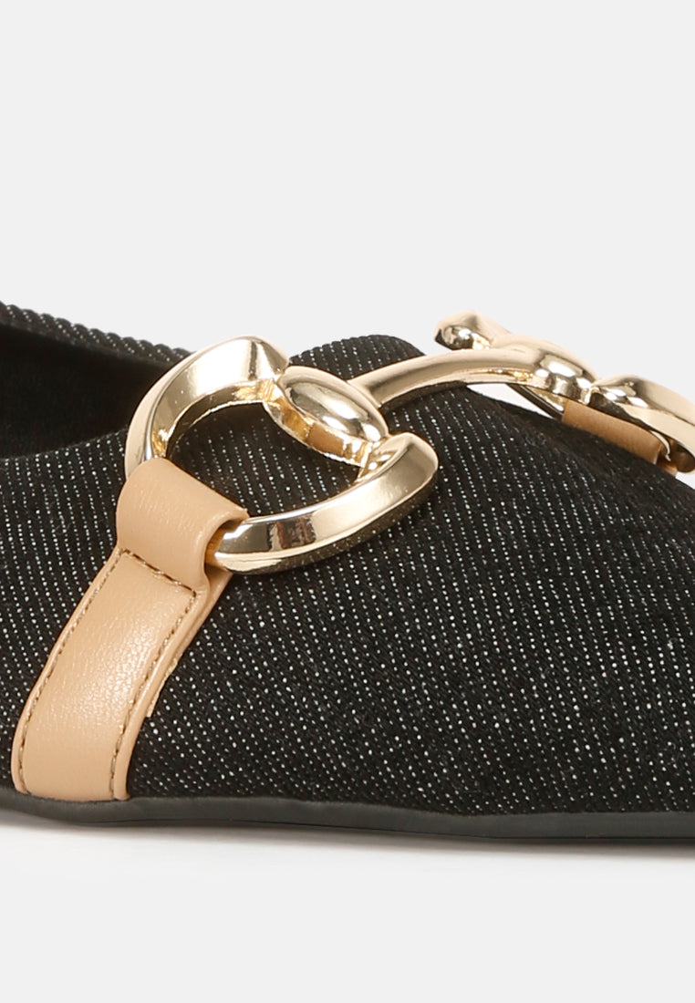 denim horsebit detail ballet flats#color_denim-black