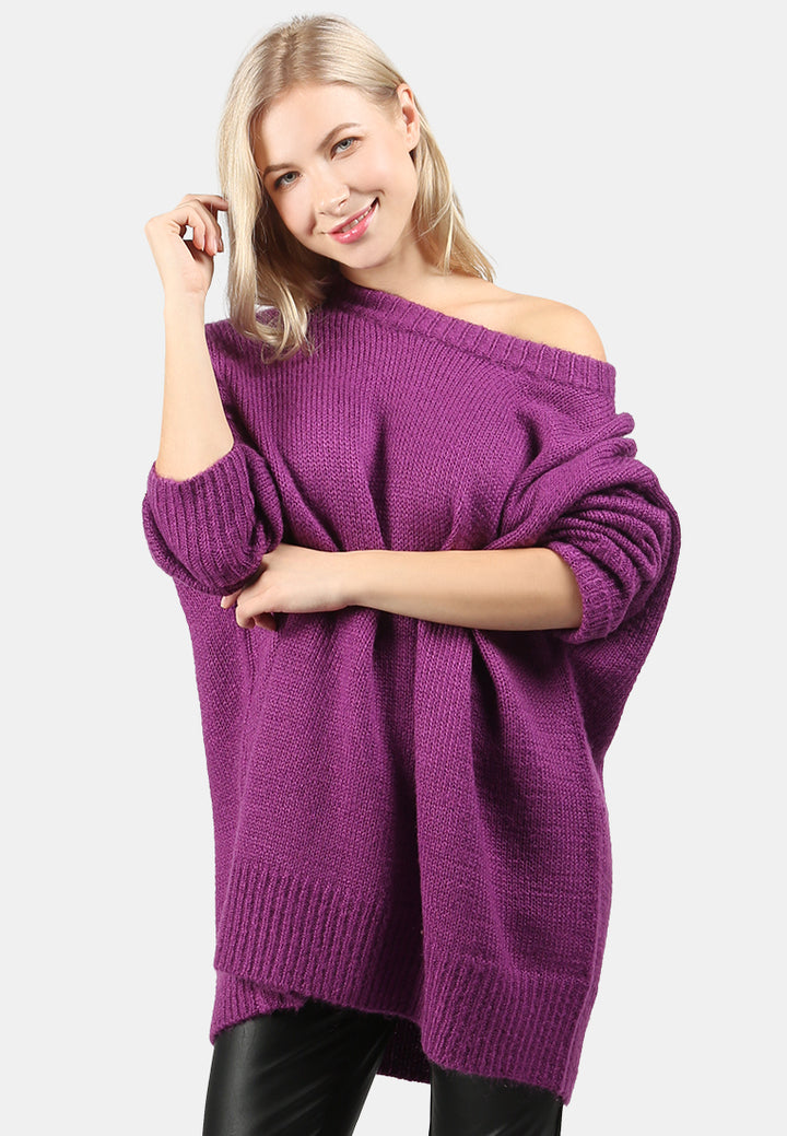 crew neck oversize sweater with ribbed bottom and cuffs#color_purple