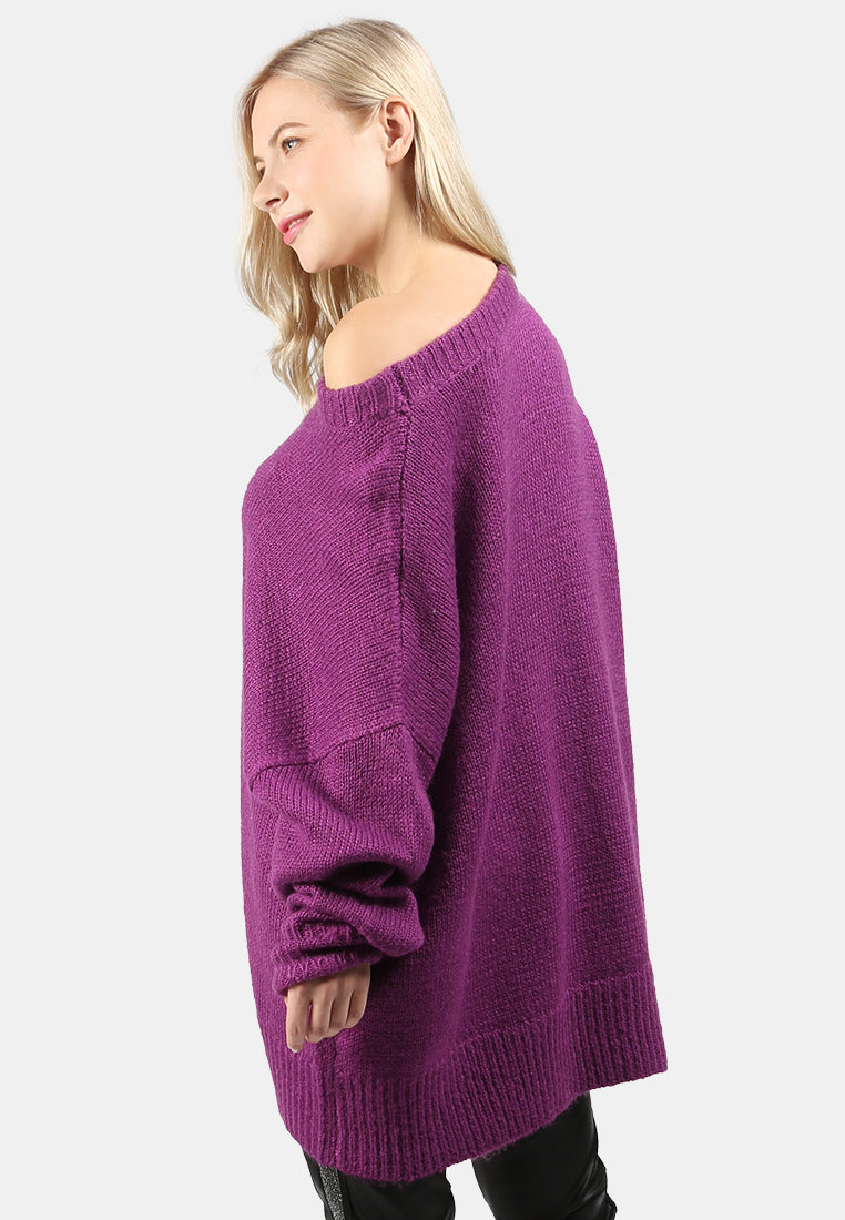 crew neck oversize sweater with ribbed bottom and cuffs#color_purple