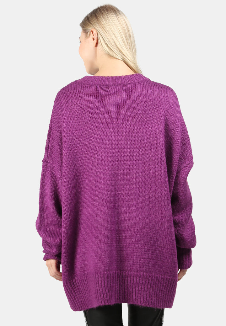 crew neck oversize sweater with ribbed bottom and cuffs#color_purple