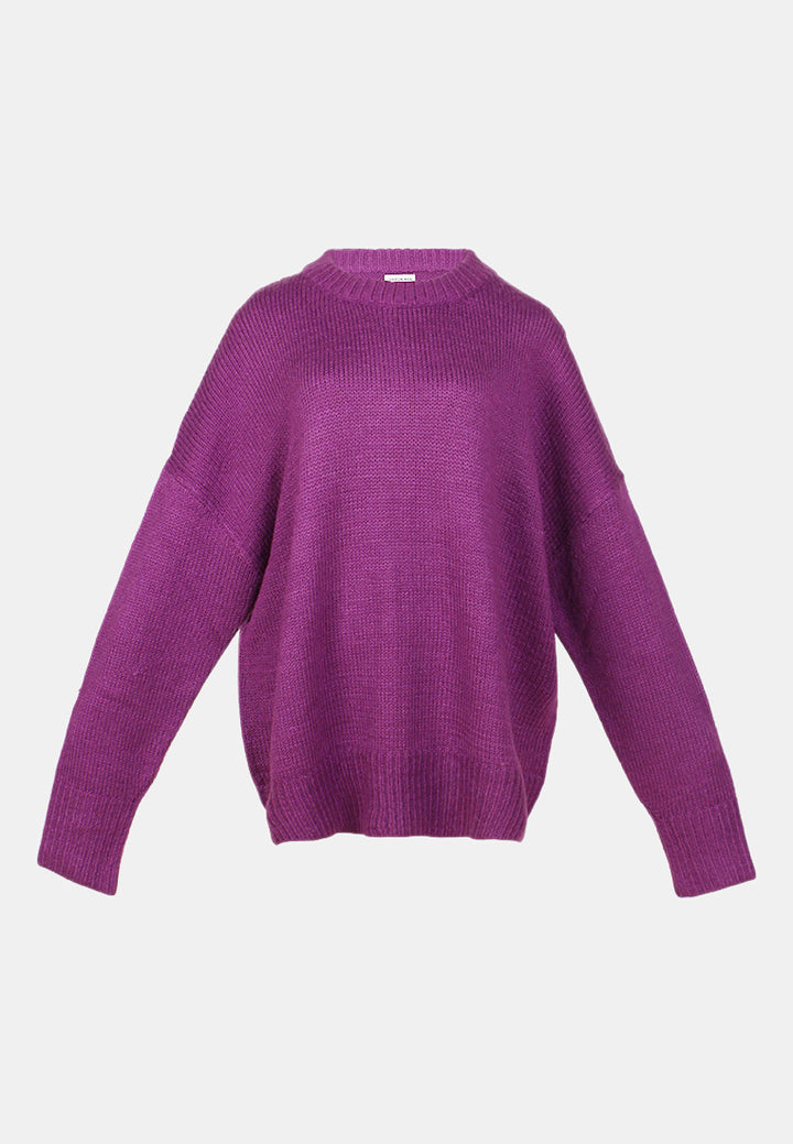 crew neck oversize sweater with ribbed bottom and cuffs#color_purple