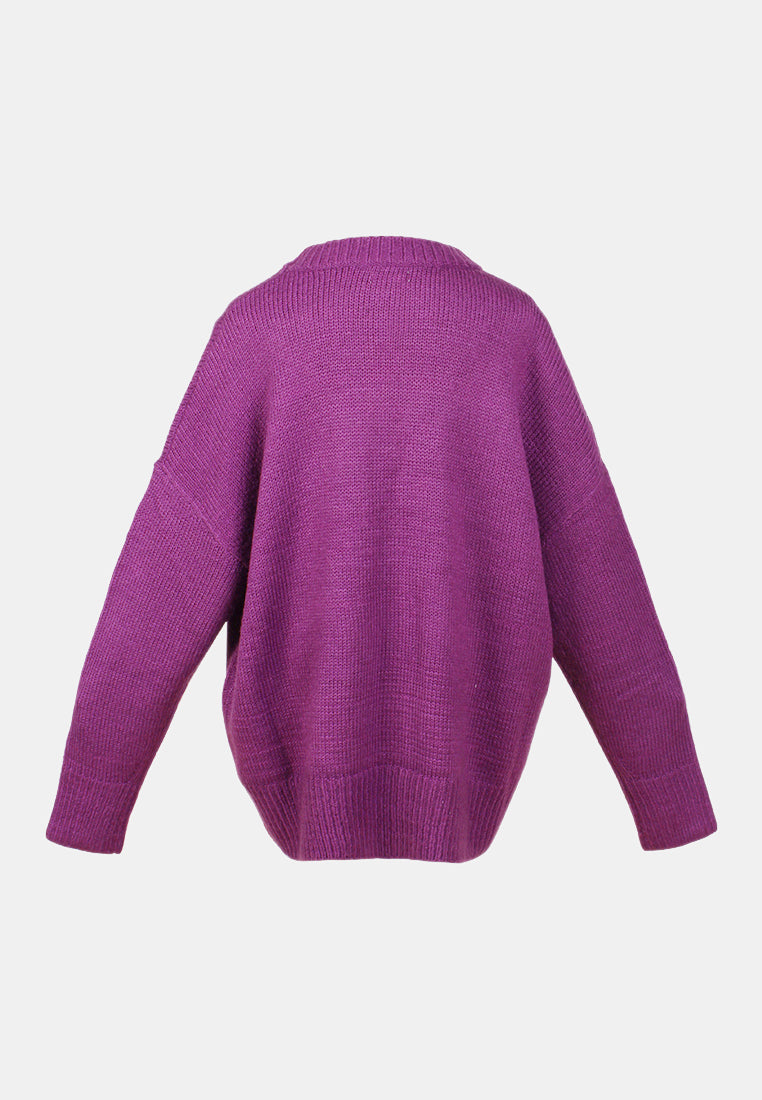 crew neck oversize sweater with ribbed bottom and cuffs#color_purple