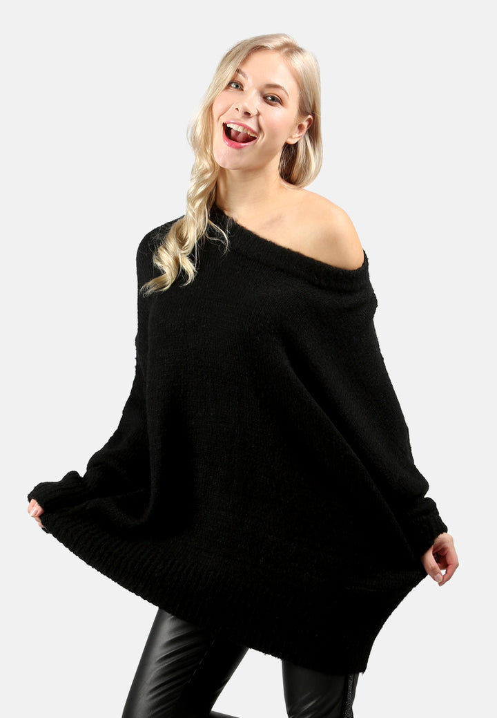 crew neck oversize sweater with ribbed bottom and cuffs#color_black