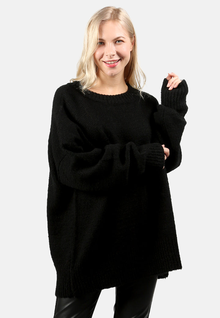 crew neck oversize sweater with ribbed bottom and cuffs#color_black