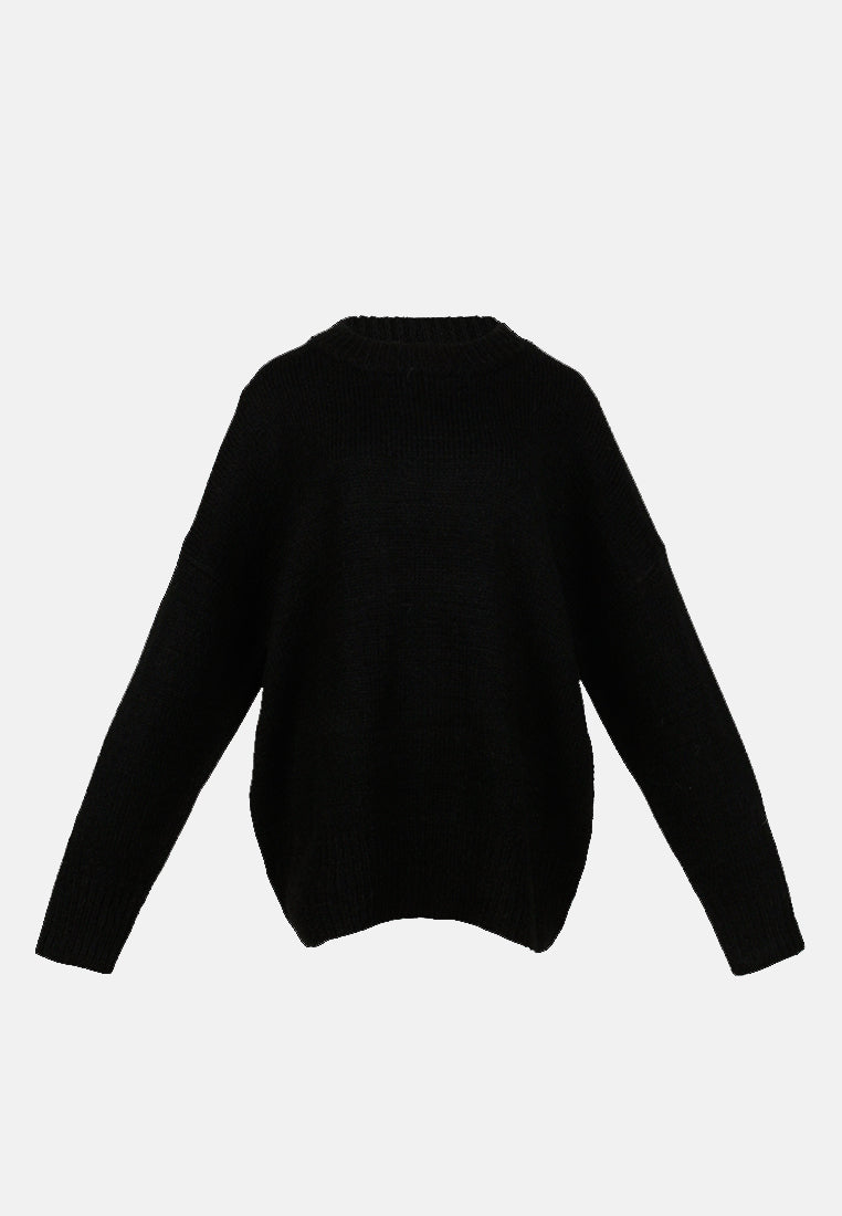 crew neck oversize sweater with ribbed bottom and cuffs#color_black