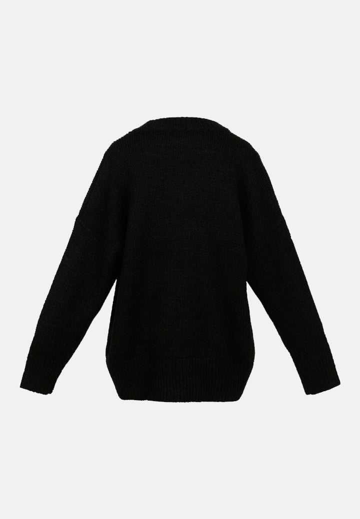crew neck oversize sweater with ribbed bottom and cuffs#color_black