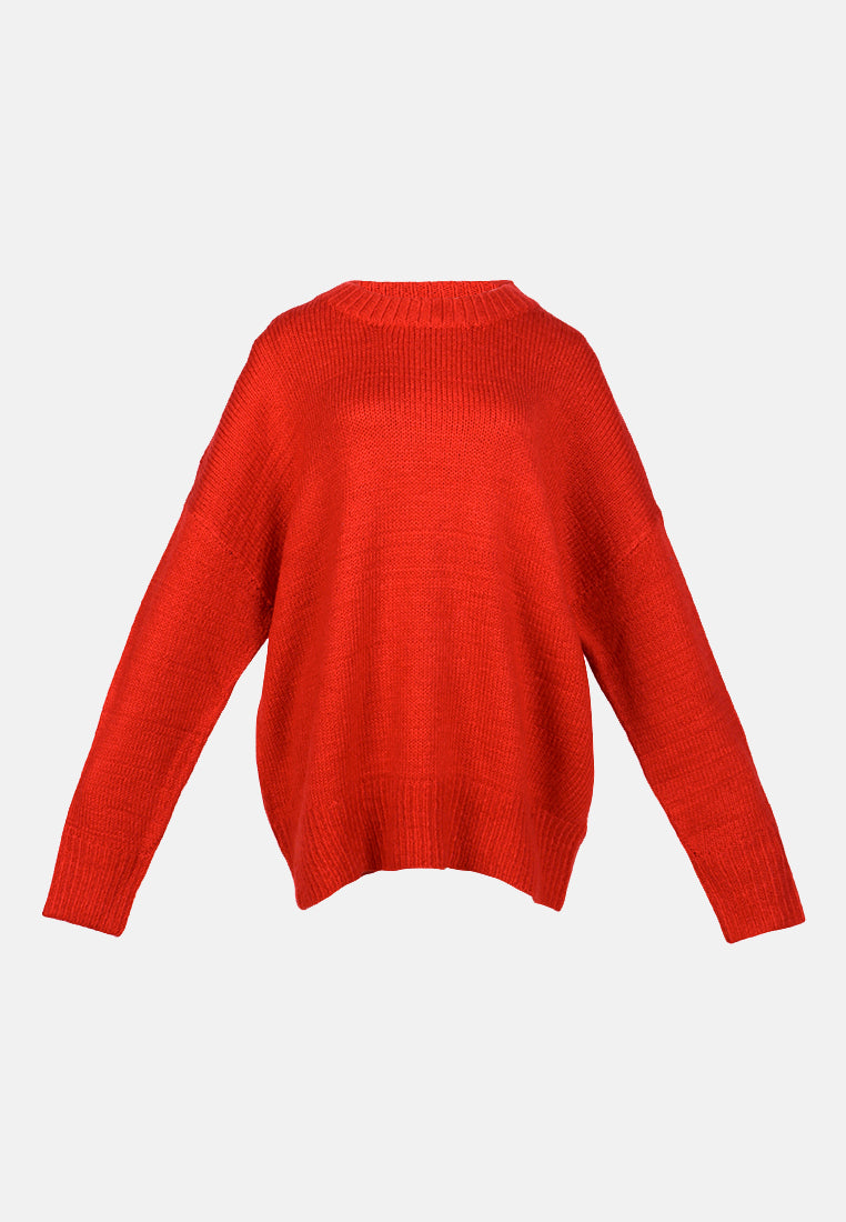 crew neck oversize sweater with ribbed bottom and cuffs#color_coral