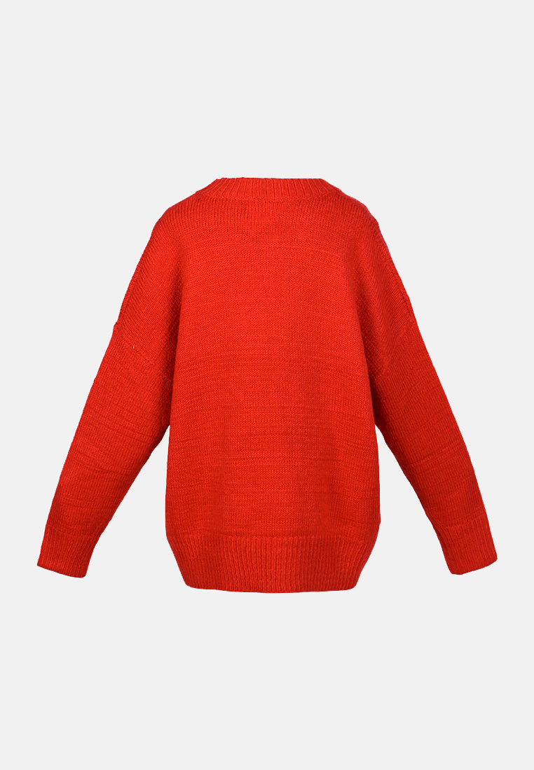 crew neck oversize sweater with ribbed bottom and cuffs#color_coral