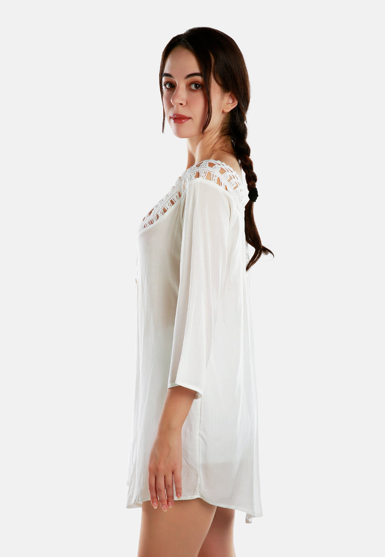 crochet lace neck dress#color_beige