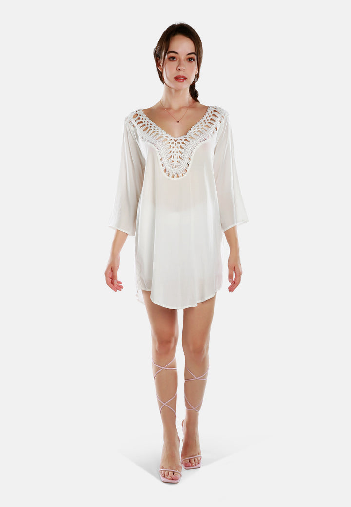 crochet lace neck dress#color_beige