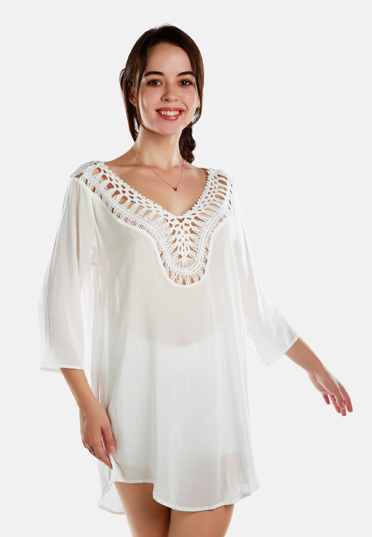 crochet lace neck dress#color_beige