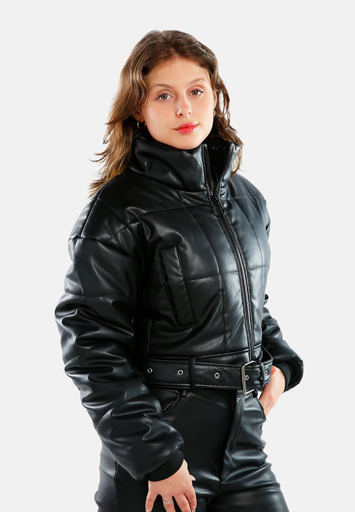 cropped belted puffer jacket#color_black