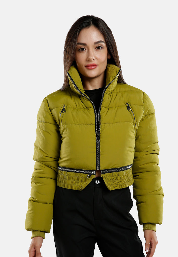 cropped detachable turtleneck puffer jacket#color_dark-olive