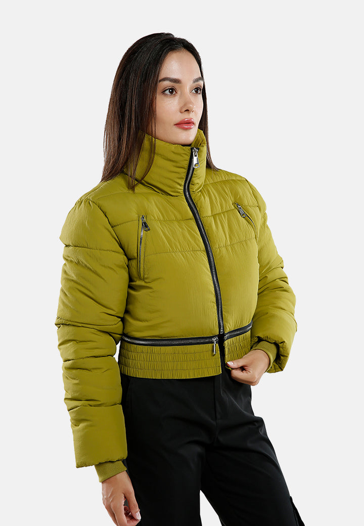 cropped detachable turtleneck puffer jacket#color_dark-olive