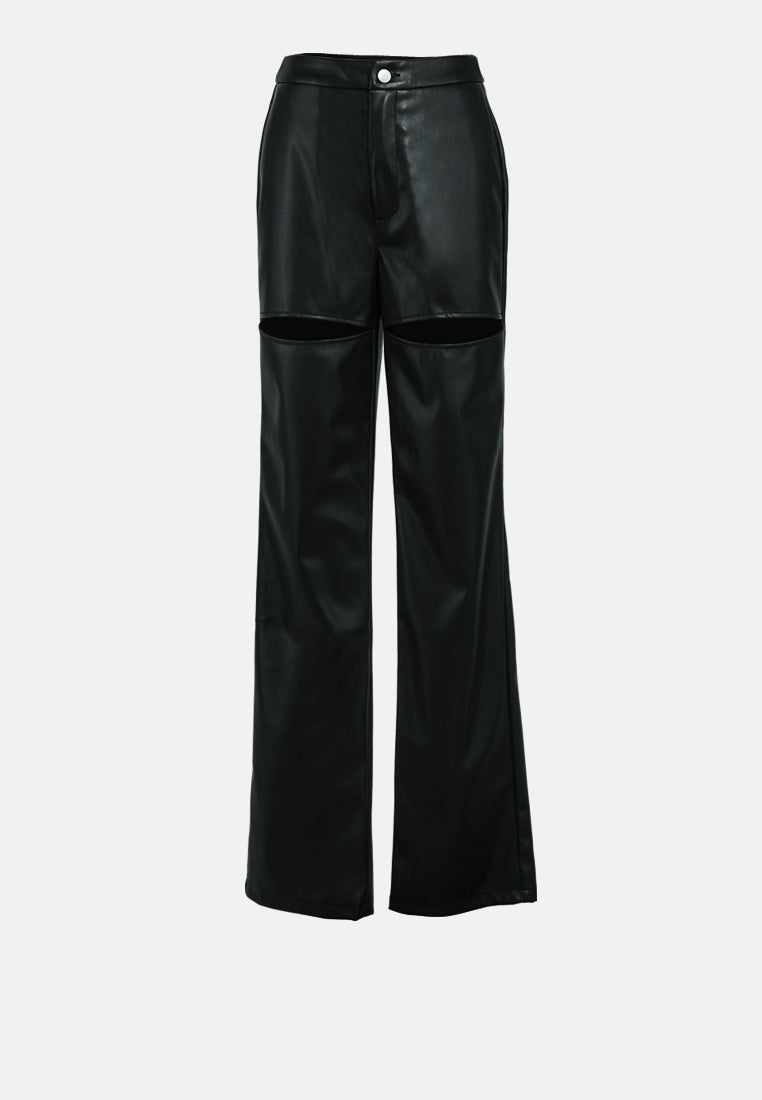 cut out faux leather pants#color_black