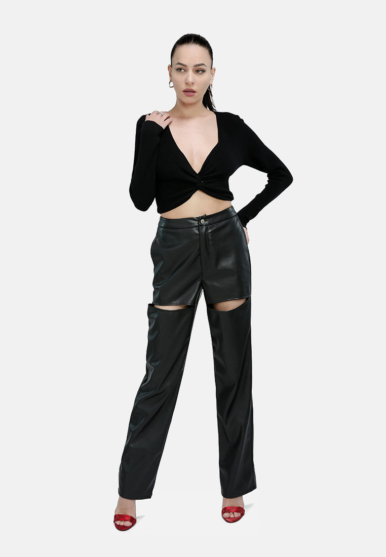 cut out faux leather pants#color_black