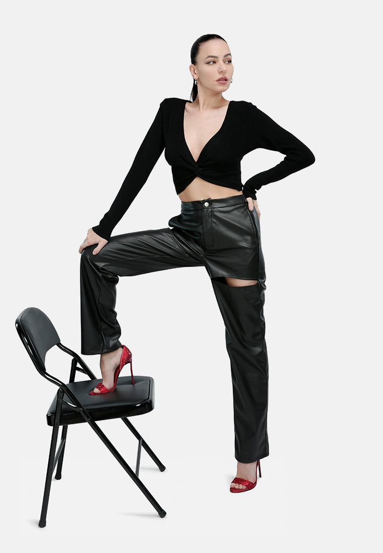 cut out faux leather pants#color_black