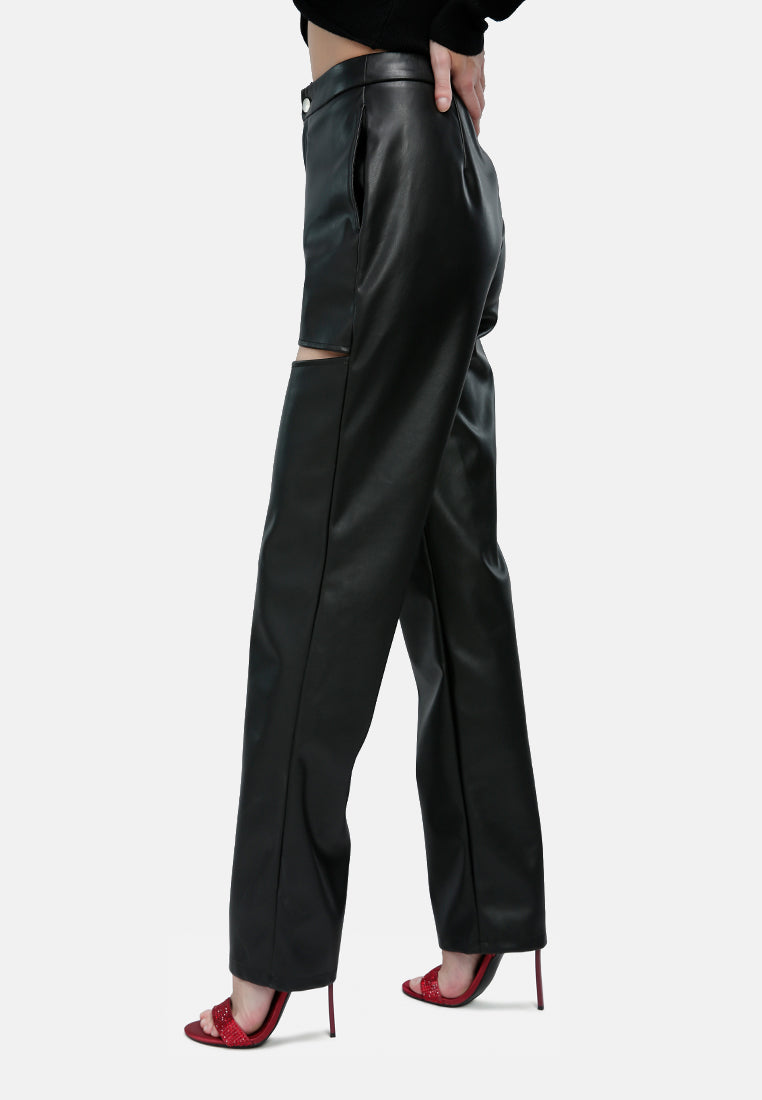 cut out faux leather pants#color_black