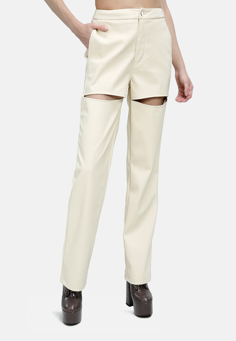 cut out faux leather pants#color_cream