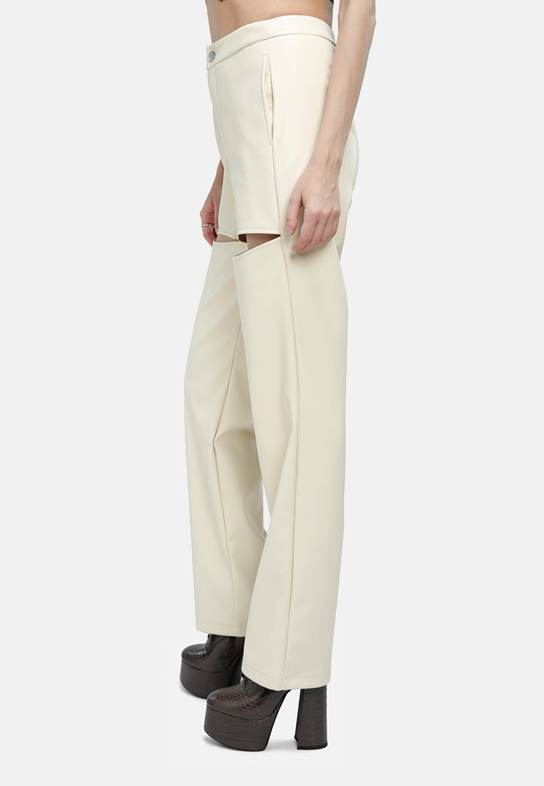 cut out faux leather pants#color_cream