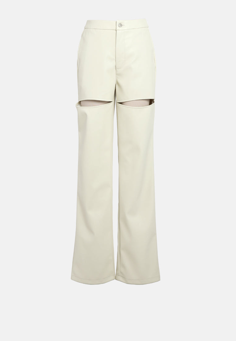cut out faux leather pants#color_cream