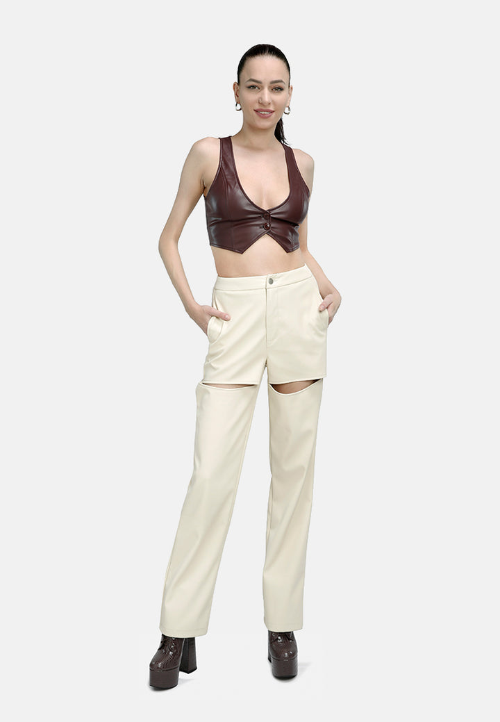 cut out faux leather pants#color_cream