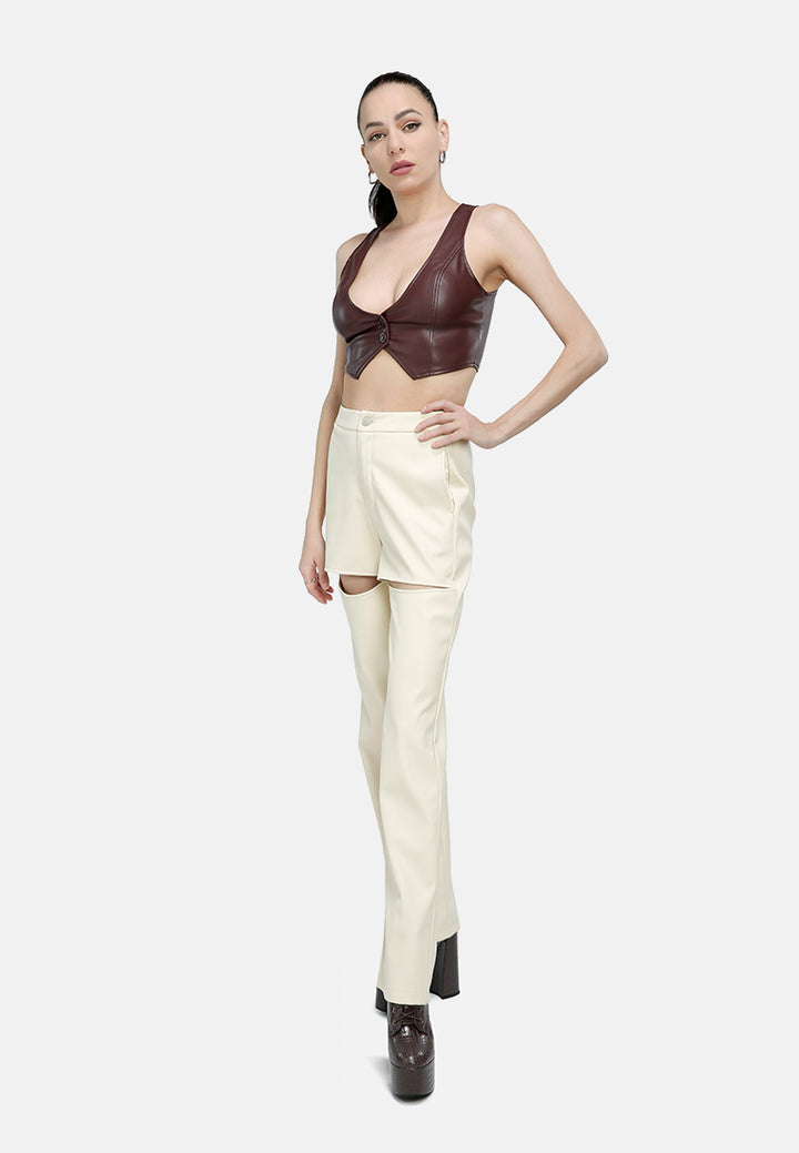 cut out faux leather pants#color_cream