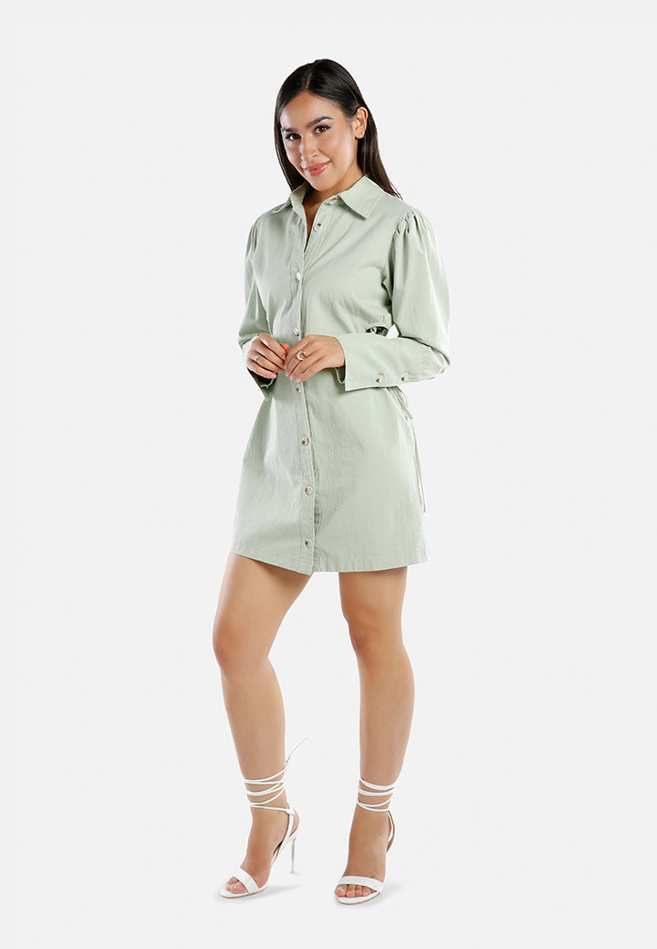 cut out ruched shirt dress#color_sage-green