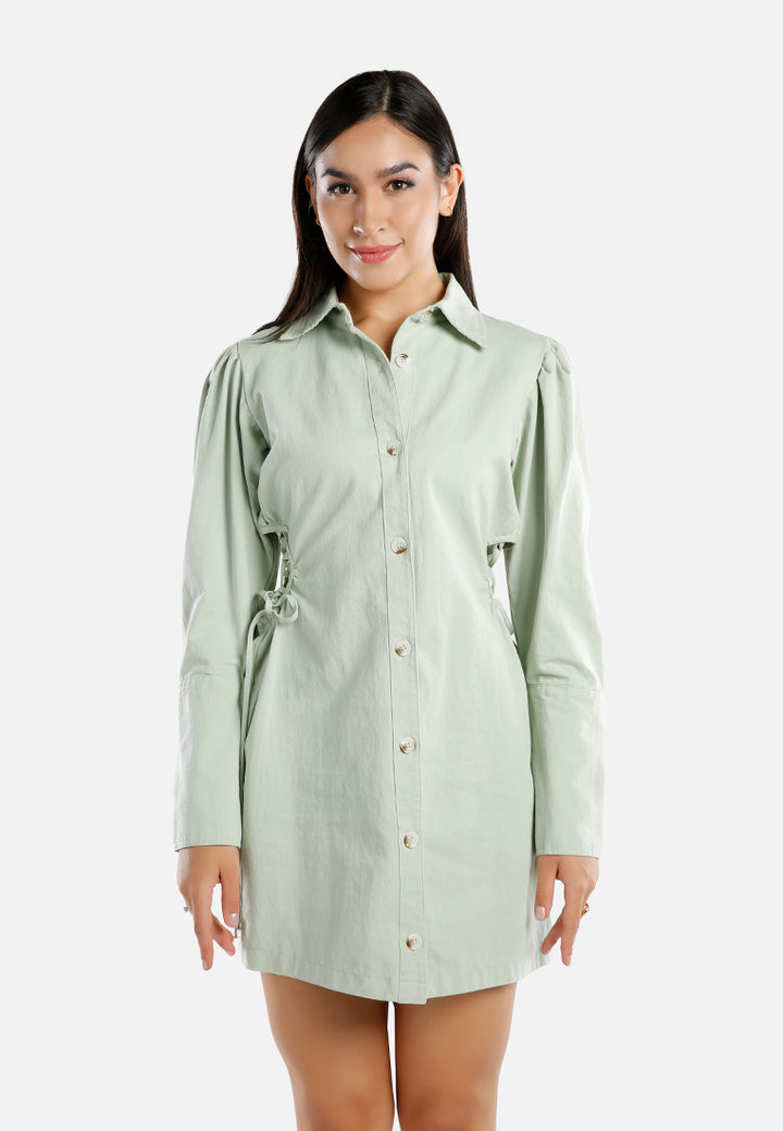 cut out ruched shirt dress#color_sage-green