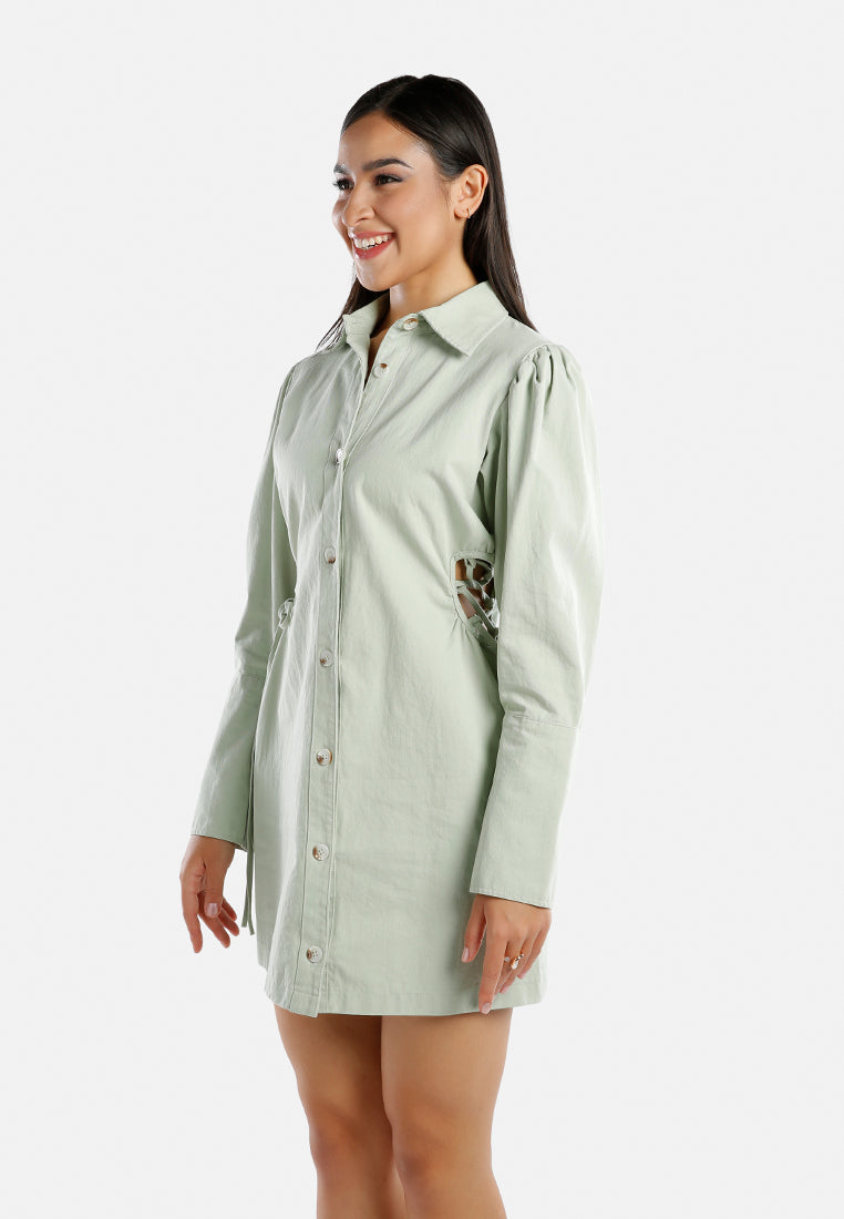 cut out ruched shirt dress#color_sage-green