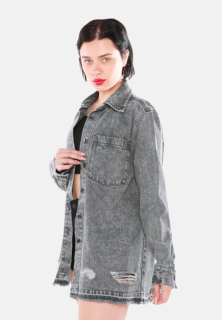 distressed acid wash denim shacket#color_grey