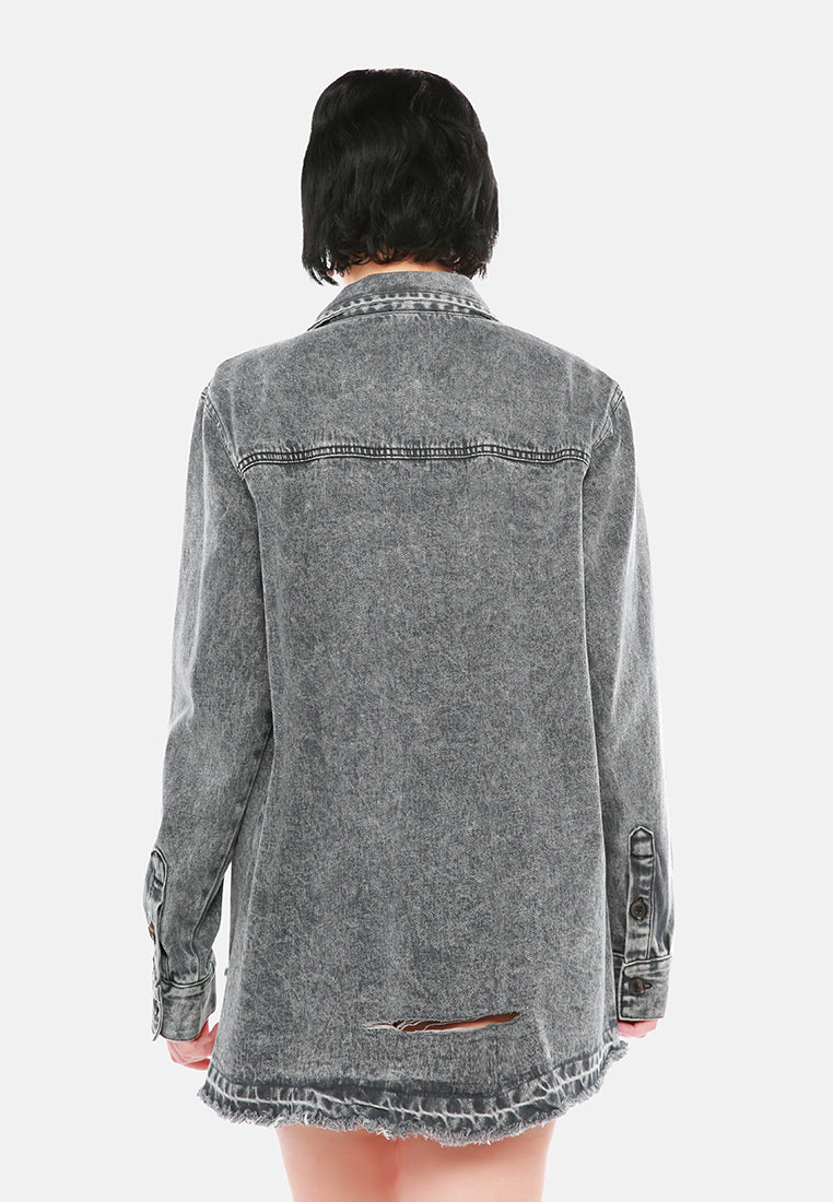 distressed acid wash denim shacket#color_grey