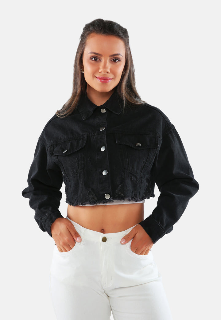 distressed cropped denim jacket#color_black