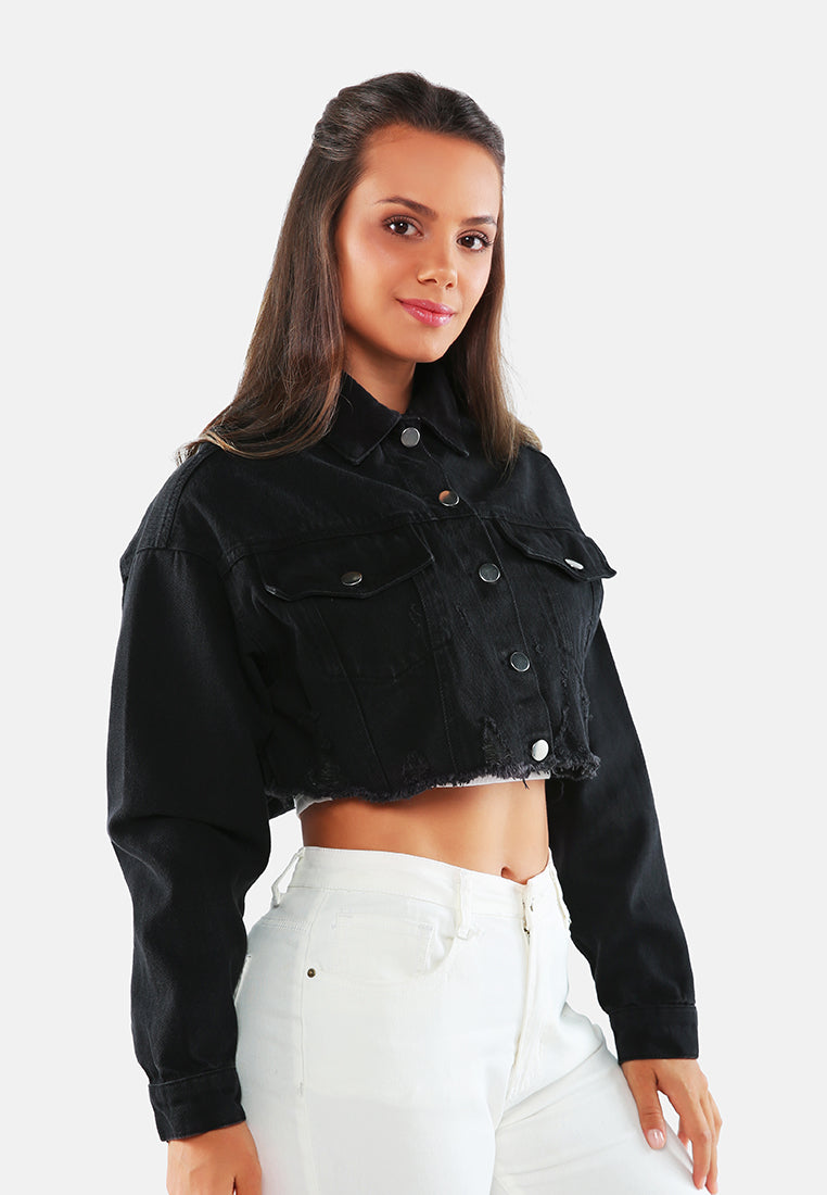 distressed cropped denim jacket#color_black