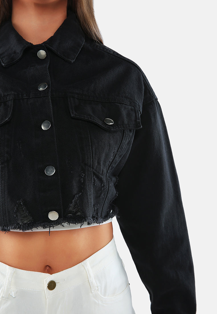 distressed cropped denim jacket#color_black