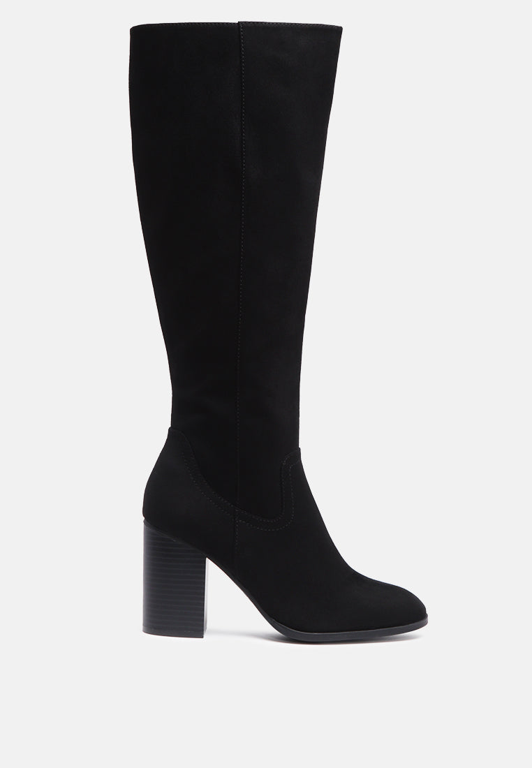 dolly solid tone block heel knee high boots with side zipper#color_black