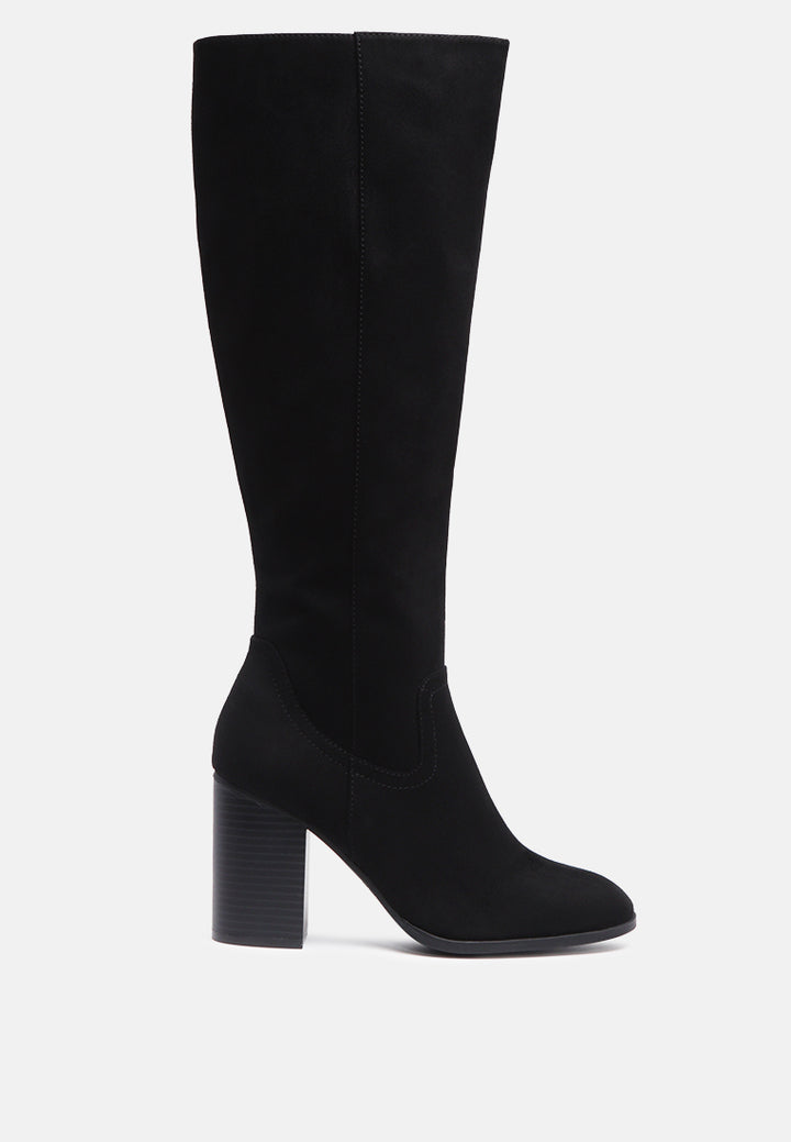 dolly solid tone block heel knee high boots with side zipper#color_black