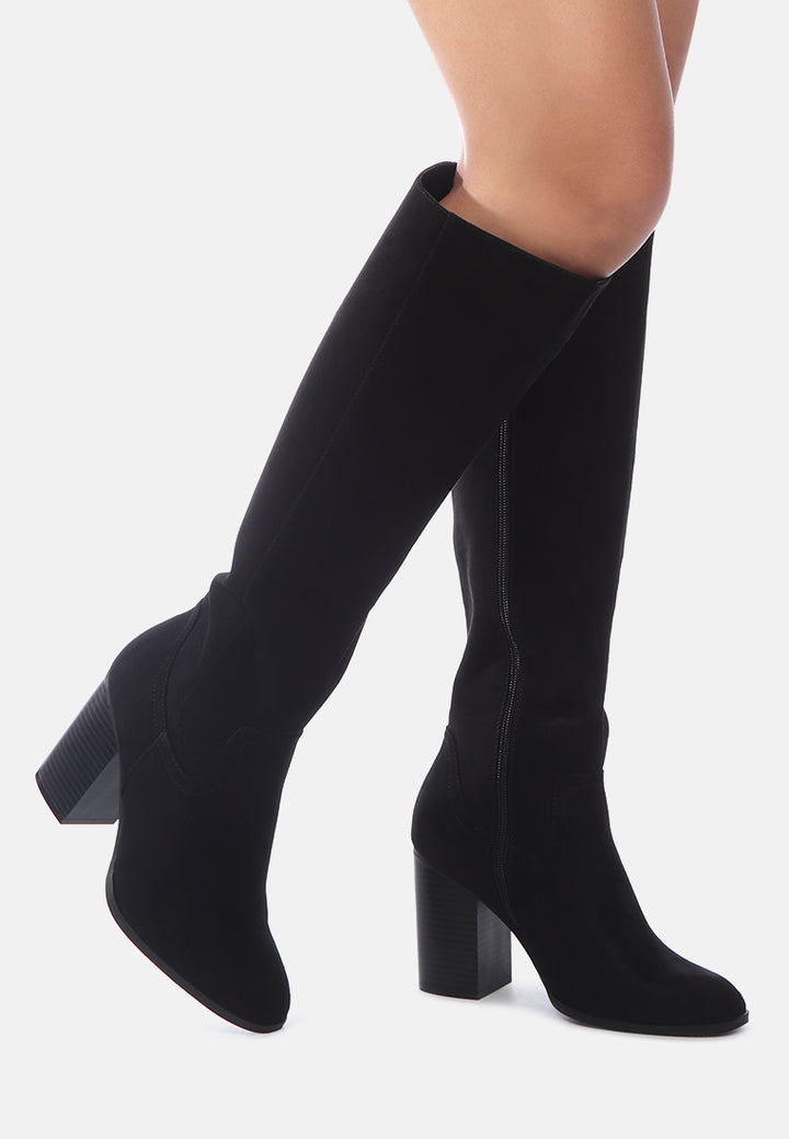 dolly solid tone block heel knee high boots with side zipper#color_black