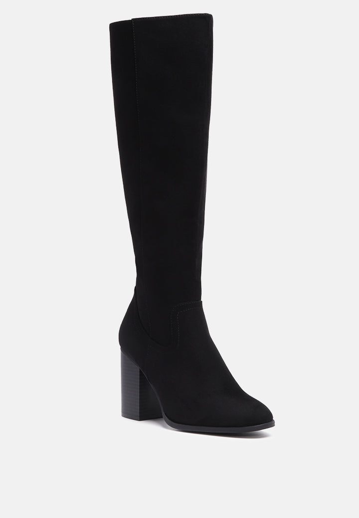 dolly solid tone block heel knee high boots with side zipper#color_black